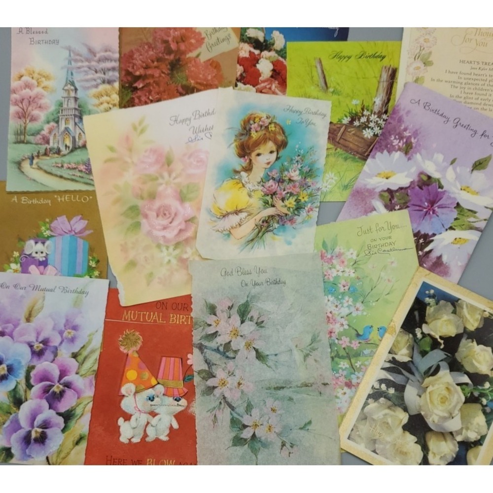 15 Old Vintage‎ Used Greeting Card Fronts for Crafts Mice Flowers Birthday